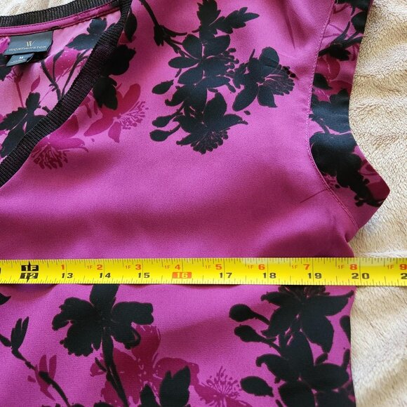Worthington pink & purple black floral blouse Sz M Asian Inspired Flowy Summer - Picture 7 of 8